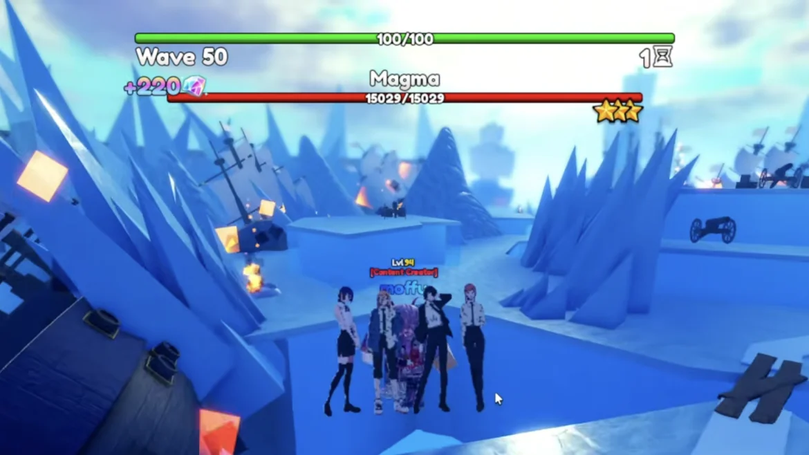 Re://Adventures Wave 50 battle with a three-star enemy health bar labeled Magma