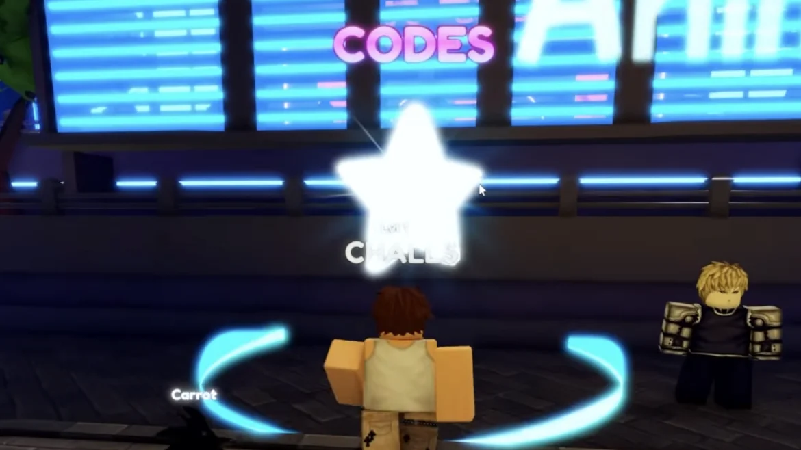 Re://Adventures lobby Codes marker with pink CODES letters, a white star and a cyan floor ring