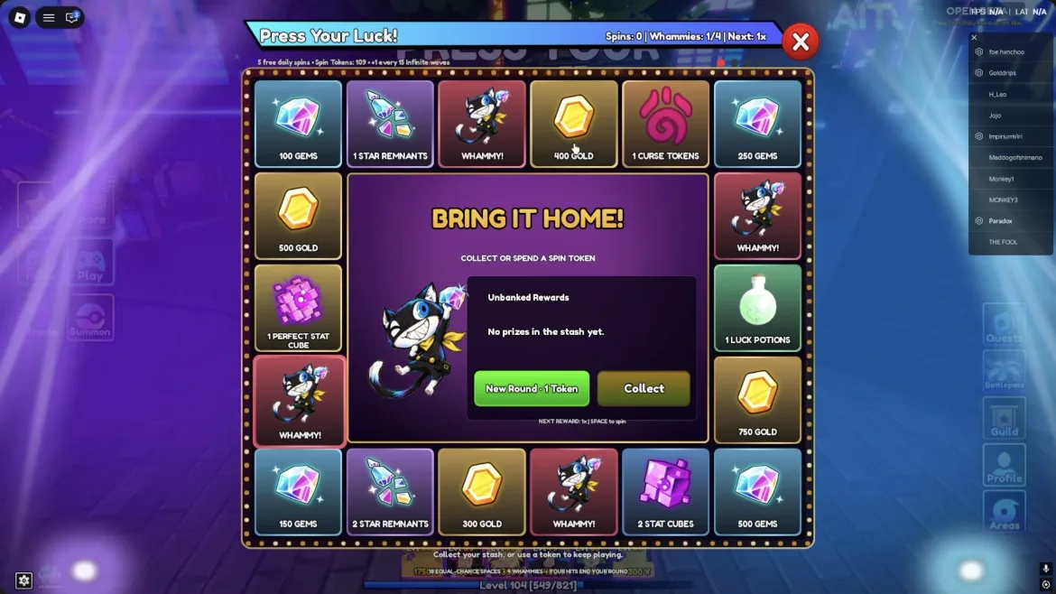 Re Adventures Press Your Luck screen with labeled Gems, Gold, Star Remnants, Stat Cubes, Perfect Stat Cube and Curse Tokens rewards