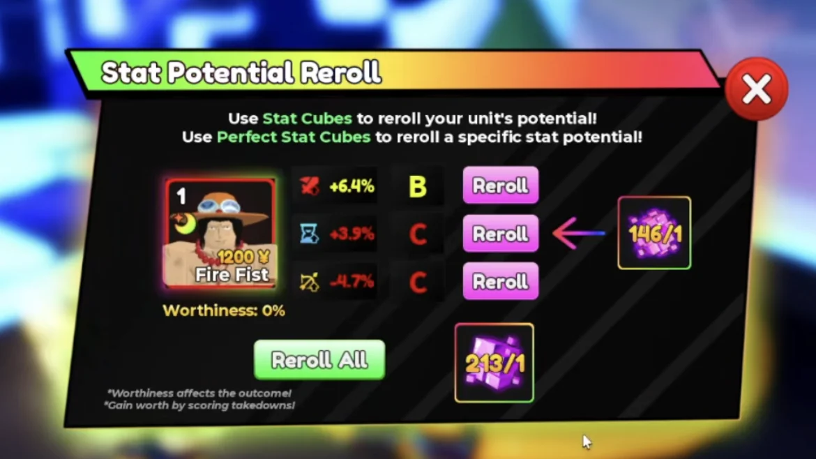 Re://Adventures Stat Potential Reroll screen for Fire Fist showing stat grades, individual Reroll buttons, Reroll All, and cube icons