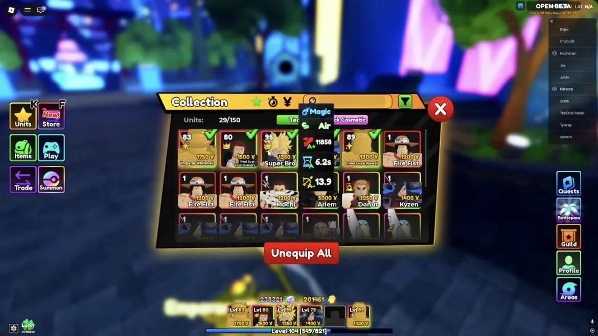 Recorded Re Adventures Open Beta collection menu with unit cards and navigation buttons