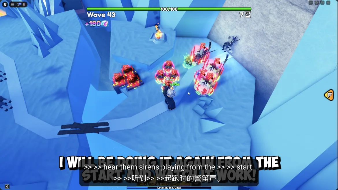 Re://Adventures wave 43 gameplay showing units with active percentage buff indicators